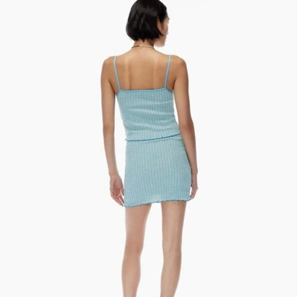 ARITZIA Wilfred Reunion Mini Tube Skirt Blue Green Plaid Seersucker Size Large - Picture 4 of 10